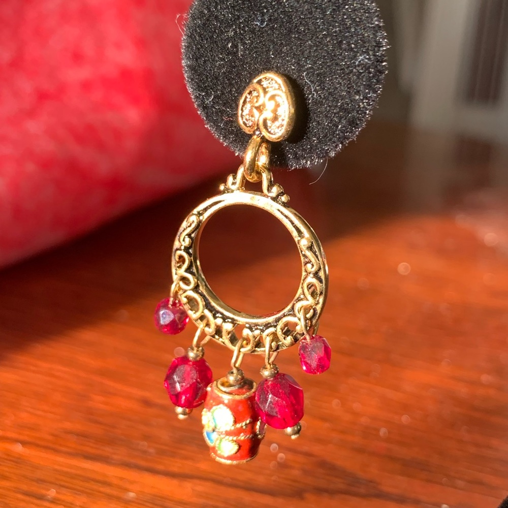 Garnet Crystal and Cloisonné Earrings